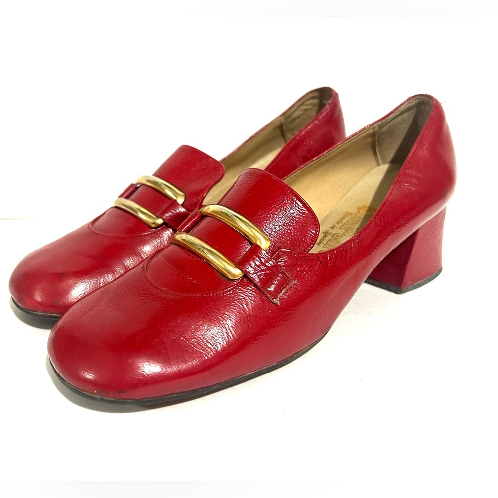 Vintage 60s/70s MOD Patent Leather Loafer Heels Cherry Red Spain Rare 6.5